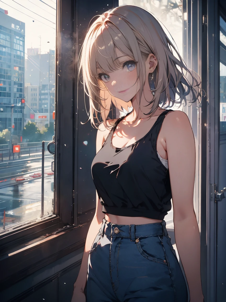 masterpiece, highest quality, High resolution, One girl, alone, bangs
, 18-year-old, so beautiful, Tank top, (Out of the window: 1.1), (exterior: 1.1), From one third , Shining summer sunshine, (Written boundary depth, Blurred Background, Bokeh: 1.2)