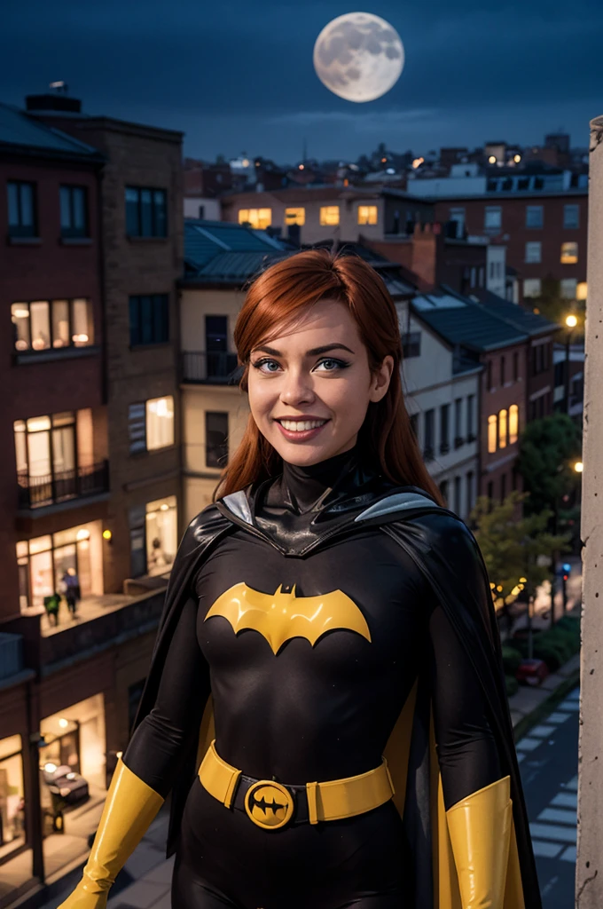 babs, red hair, blue eyes, black bodysuit, belt, cape, gloves, looking at viewer, smiling, happy, 
outside, apartment roof, cityscape, night, moon, extreme detail, hdr, beautiful quality,   