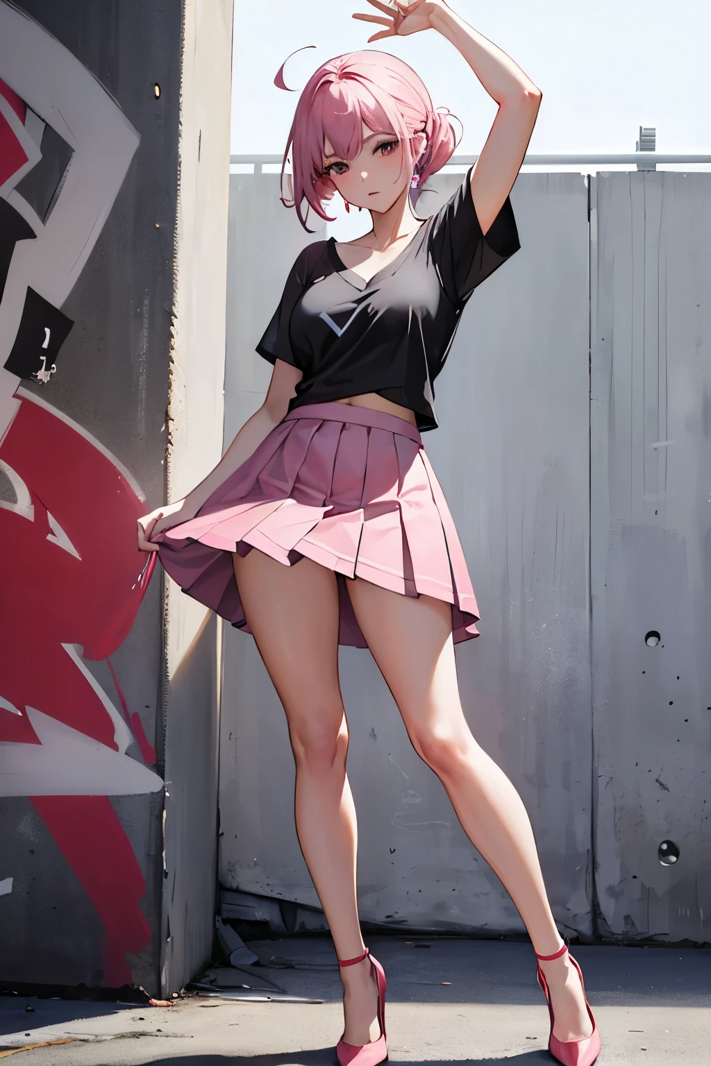 A plump mature dancer is wearing a gray V-neck T-shirt, pink pleated skirt, white high socks, and red stiletto heels, in a dynamic pose, holding her chest together with her upper arms, leaning forward, photographed from the front, looking at the viewer, in front of a graffiti wall.