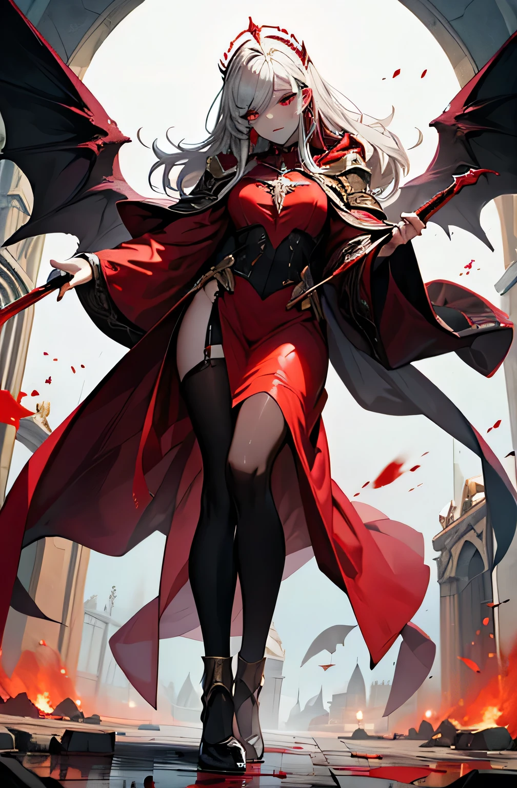 (masterpiece, best quality), A terrifying , full body, female, Beautiful features, Red eyes, Blood bath, Red Cloak, Aesthetic vibe, goddess, holy , Arch angel, Night sky, A big wand, colourful.