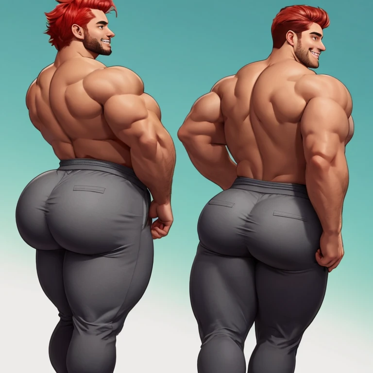 Male, redhead, shirtless, fat ass, grey sweatpants, tight pants, muscular ass, huge butt, comically large butt, big butt, fat man booty, man, short hair, looking back at camera, smiling, big fat booty, bubble butt, big man butt, male bubble butt, fat man ass, round butt, big butt, full butt, juicy butt, wide butt, fat butt cheeks, big buttcheeks