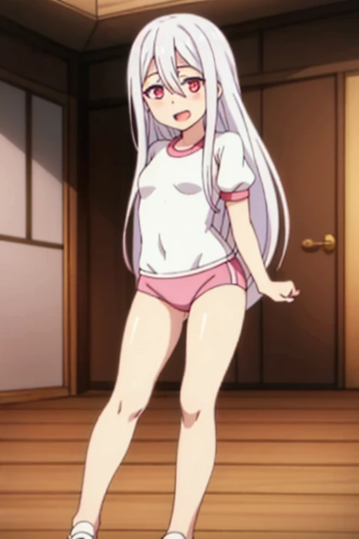 ((highest quality)), ((masterpiece)), (be familiar with), Perfect Face, indoor, Bedroom, Watching the audience,
One woman, Bai Zhi,
Open Mouth, Ecstatic expression, blush, smile,
Small breasts, Flat Chest, Young Girl, , , Girl,
Long Hair, White Hair, Pink eyes, Long Hair,
Gym suit, White short sleeves, Black shorts, Leg spread,