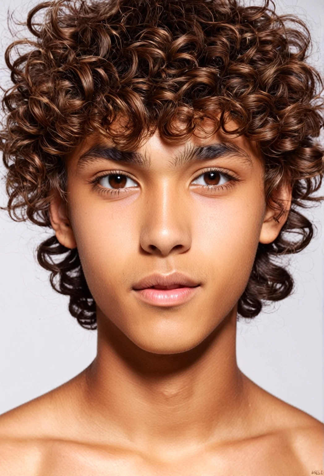 IA please show me a 15 year old boy with light brown skin and an athletic body, let your hair be curly brown with bangs forward, with thin, light brown eyes, que sus cejas sean gruesas y pobladas, and that he has a mole above his left eyebrow and that his chin is thin and his lips are thin