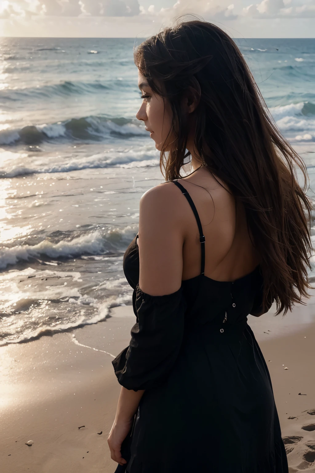 8k, of the highest quality, ultra detalles, Hispanic A photorealistic image shows a Hispanic girl with a serene expression., Her wavy brown hair cascading down her back.. Ella se encuentra en una pintoresca playa al atardecer., con olas rompiendo suavemente contra la orilla. La chica lleva un vestido fluido., ethereal black dress that flutters in the breeze. The camera captures it from a distance., permitiendo al espectador apreciar la inmensidad de la playa y los colores vibrantes del atardecer. Perfectly framing the girl in the stunning natural backdrop.. Soft and warm lighting., Proyectando un resplandor dorado en la escena. This image captures the tranquility and beauty of the girl&#39;s connection with nature..