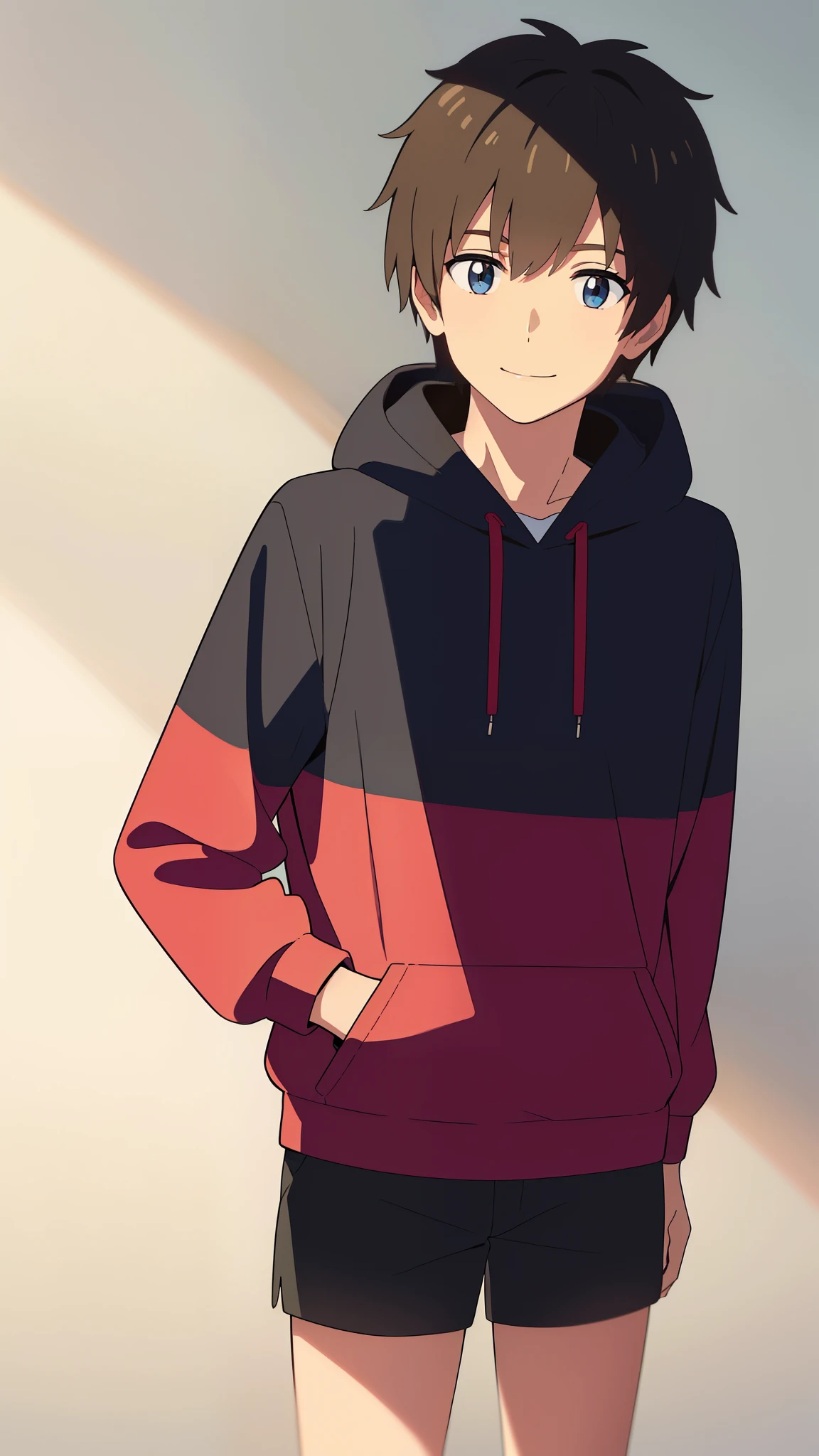 (masterpiece, best quality, high quality, highres, ultra-detailed), shinkai makoto, kimi no na wa., tachibana taki, 1boy, brown hair, blue eyes, hood, hoodie, shorts, male focus, solo, smile, sharp nose, looking at the viewer, white background