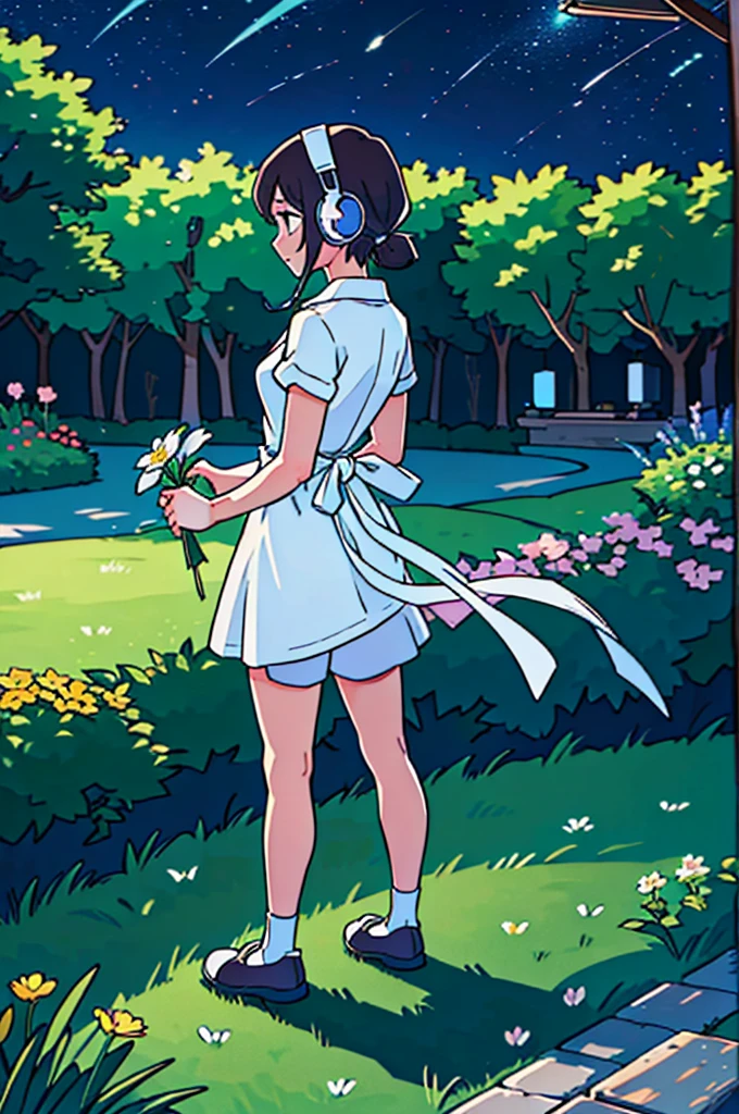 (best-quality:0.8),
(best-quality:0.8), perfect anime illustration, pretty woman cutting flowers in the garden in the middle of the night while listen music with headphones