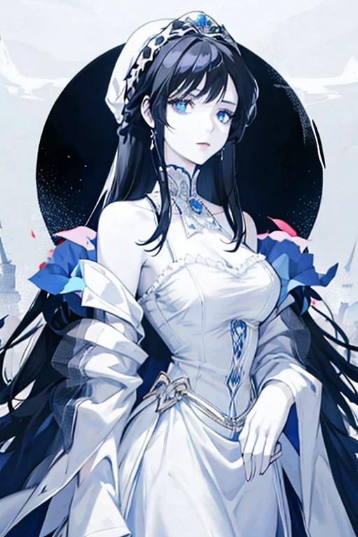 black haired woman, blue eyes, white victorian dress, white skin, elegant, royalty, young woman, alone, mature, beautiful