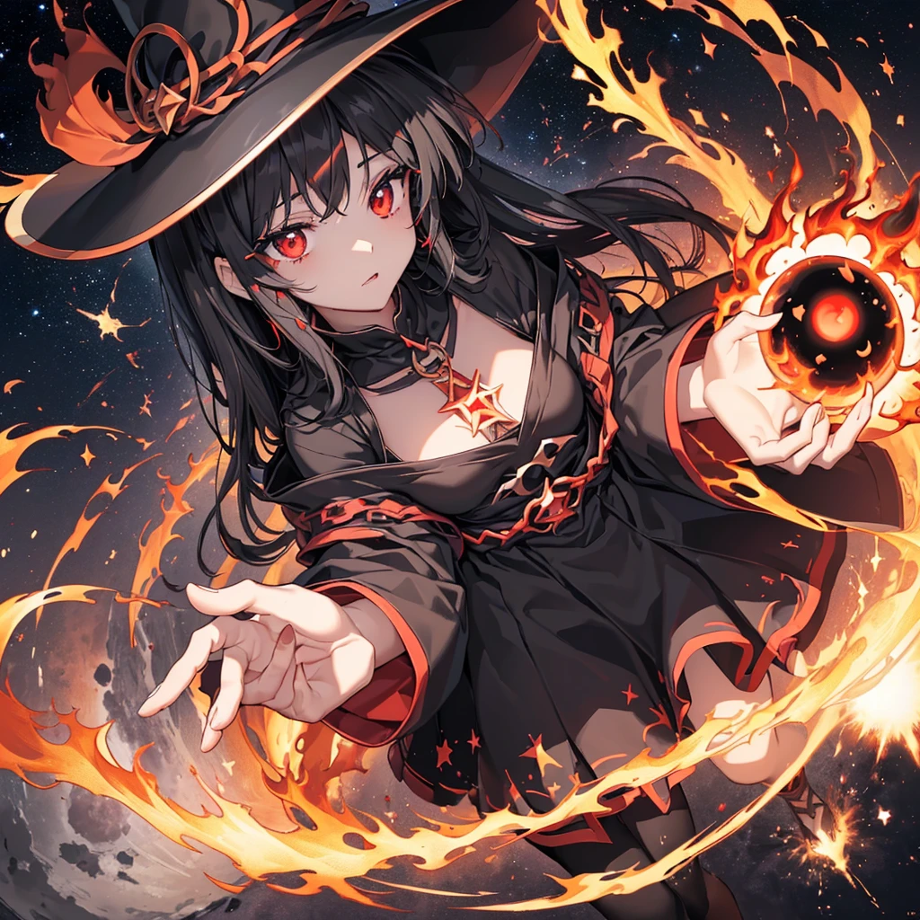 ((Black Hair　magic circle　Witch Hat　Red eyes　woman))　((explosion　Explosion　wand of flame　starのペンダント　fire　beam))　(Magic Robe　shine　star　Streaks of Light　Black Hole)　moon　彗star　incantation　Runes