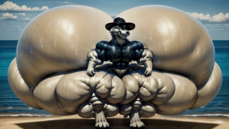 4k, high resolution, best quality, perfect lightning, perfect, solo, anthro, young, boy,white wolf:2.0, furry body, (fluffy mane:1.2), fluffy tail, male, adult, (bulky2:0, thick muscles2:0, huge muscles:2.0, hyper muscles:2.0), (thick biceps, veiny biceps, broad shoulders:2.0), (thick legs, thick calves:1.1), (digitigrade legs, 4 toes:1.2), perfect colors, (photorealistic fur, detailed fur, epic, masterpiece), (suggestive posing:1.2), (seductive smile, lustful grin 1.3), detailed beach,detailed wolf eyes:2.0, by k0suna, by darkgem,nipple ring,hyper arms:2.0,veins,white body,white fur,hyper butt:2.0,hyper paws:2.0,standing,thick legs,thick butts:2.0,sweat body:2.0,massive butt:2.0,black hat,hyper ass:2.0,huge ass,long legs,juicy butt:2.0