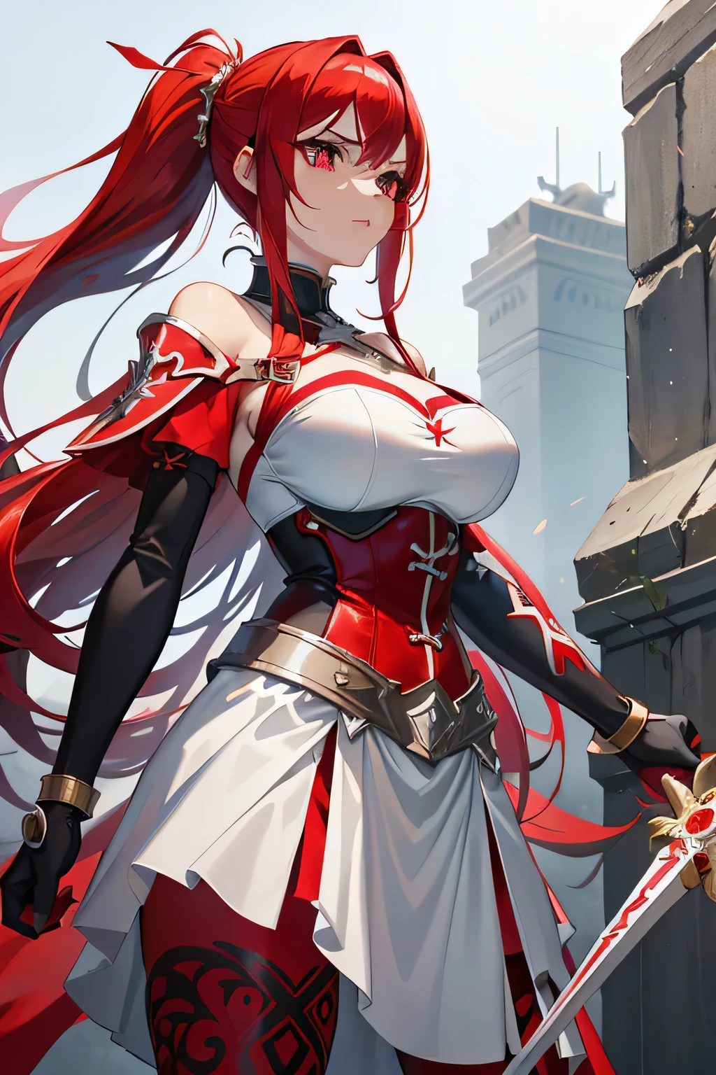 erza scarlet, half silver color steel breast plate with a cross pattern, bright red pupil, super mini battle skirt, holding giant silver boardsword, high pony tail, perfect body shape, 16k, sharp angel aura, steel hand glove, holy tattoo, long silk leggings, scarlet red color hair，silver color stylish Pauldrons