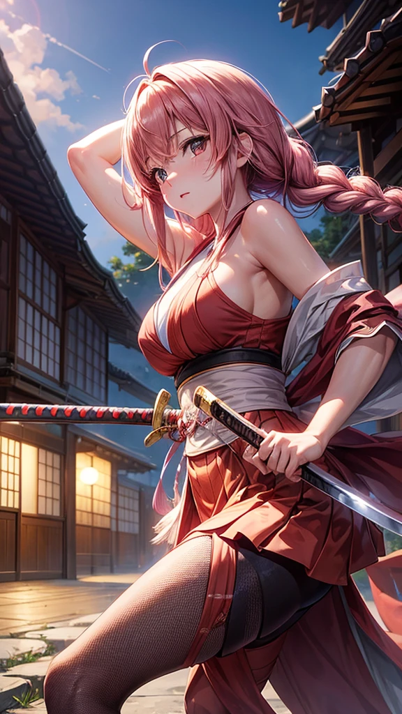 Biologically correct limb count)),(( From head to toe,Full-body photo including face)),4K,((Standing position)),masterpiece,((Focus on the face)),((Symmetrical facial features)),Eyes with detailed description,Beautiful woman,Great style,Beautiful arms,Beautiful feet,Beautiful Hands,(Small Ass,Thin thighs),Facial details,((High heels,Patterned stockings),Realistic photos,blue eyes, hair ornaments, Hair Ribbon,Random color see-through kunoichi costume、Japanese see-through female samurai costume、See-through female ninja costume,, Open clothes, Collared dress emphasizes cleavage、胸の谷間のSweat is noticeable、Professional lighting light reflection、 looking at viewer, (masterpiece:1.2), Highest quality, High resolution, unity 8k wallpaper, (figure:0.8), (Beautiful fine details:1.6), Highly detailed face, Perfect lighting, Highly detailed CG, (Perfect hands, Perfect Anatomy),heavy rain、heavy rainで全身びしょ濡れ、heavy rainで全身びしょ濡れの服、High heels、 ((Perfect handsの形))、(Perfect foot shape、Embarrassed expression、blush、Gestures to seduce a man、Shining Sweat、Perfect Skin,Sweat is noticeable、太もものSweat is noticeable、 Fair skin,Tight waist, Sweating profusely、Sweaty hair、Sweaty clothes、Sweaty、Visible sweat、rain-wet hair、A vast Western church with stained glass windows、Holding a Japanese sword、Athlete System、cherry blossoms、Blonde、Silver Hair