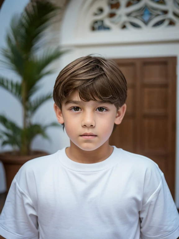 A 10 year old boy with very light brown hair, ojos azules piel blanca, rasgos finos europeos, con ropa casual, en la sala de su casa mirada triste, melancholic features, tristeza en el rostro.