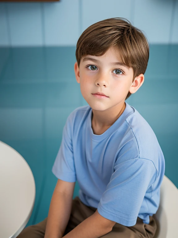 A 10 year old boy with very light brown hair, ojos azules piel blanca, rasgos finos europeos, con ropa casual, en la sala de su casa mirada triste, melancholic features, tristeza en el rostro.