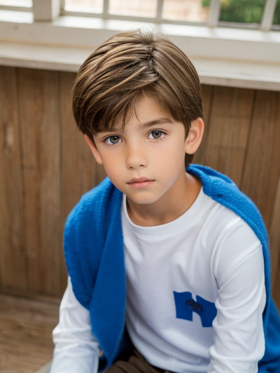 A 10 year old boy with very light brown hair, ojos azules piel blanca, rasgos finos europeos, con ropa casual, en la sala de su casa mirada triste, melancholic features, tristeza en el rostro.