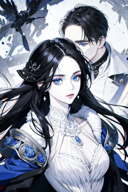 black haired woman, blue eyes, white victorian dress, white skin, elegant, royalty, young woman, alone, mature, beautiful