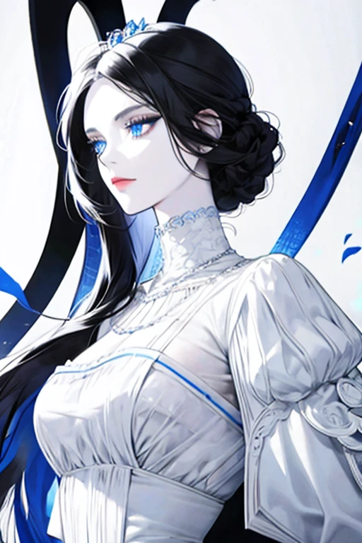 black haired woman, blue eyes, white victorian dress, white skin, elegant, royalty, young woman, alone, mature, beautiful