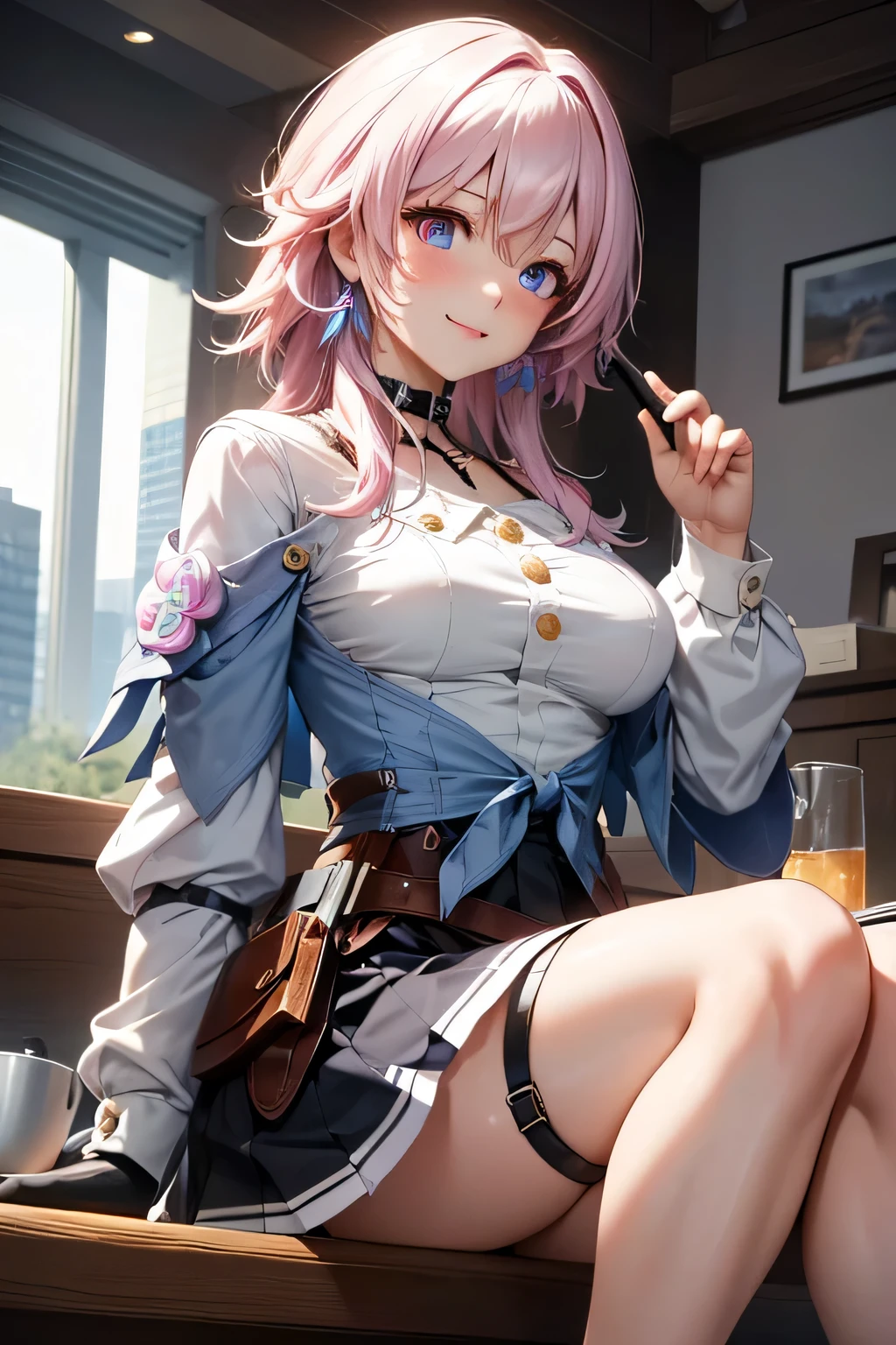 (masterpiece), best quality, expressive eyes, perfect face, 1 girl, solo, march seventh, blue eyes, hair between eyes, medium hair, pink eyes, pink hair, two-tone eyes, breasts, big breasts, large breasts, ankle boots, archery shooting glove, badge, legs, bare legs, thick legs, thight, spread thight, black choker, black corset, black footwear, black gloves, blue jacket, blue skirt, boots, button badge, buttons, choker, collarbone, corset, earrings, flower ornament, gloves, high heel boots, high heels, jacket, jewelry, long sleeves, miniskirt, partially fingerless gloves, pleated skirt, shirt, single earring, single glove, skirt, thigh strap, tied jacket, underbust, white shirt, smiling, city, background, futuristic city, sitting on the ground, knees up, portrait, looking at the viewer,