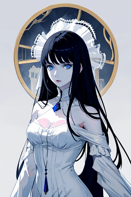 black haired woman, blue eyes, white victorian dress, white skin, elegant, royalty, young woman, alone, mature, beautiful