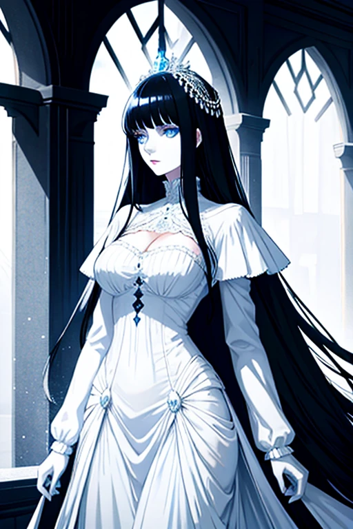 black haired woman, blue eyes, white victorian dress, white skin, elegant, royalty, young woman, alone, mature, beautiful