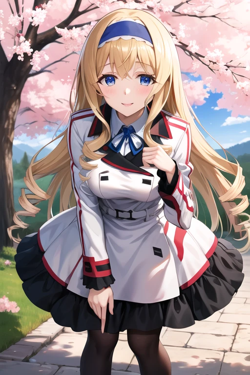 masterpiece, highest quality, High resolution,  Asecilia, Very long hair, Curly Hair, Drill Hair, Blue Hairband, , White jacket, White Dress, Long sleeve, belt, Black Pantyhose, Leaning forward, smile, cherry blossoms, Outdoor, Cowboy Shot, Put your hands on your knees, Are standing