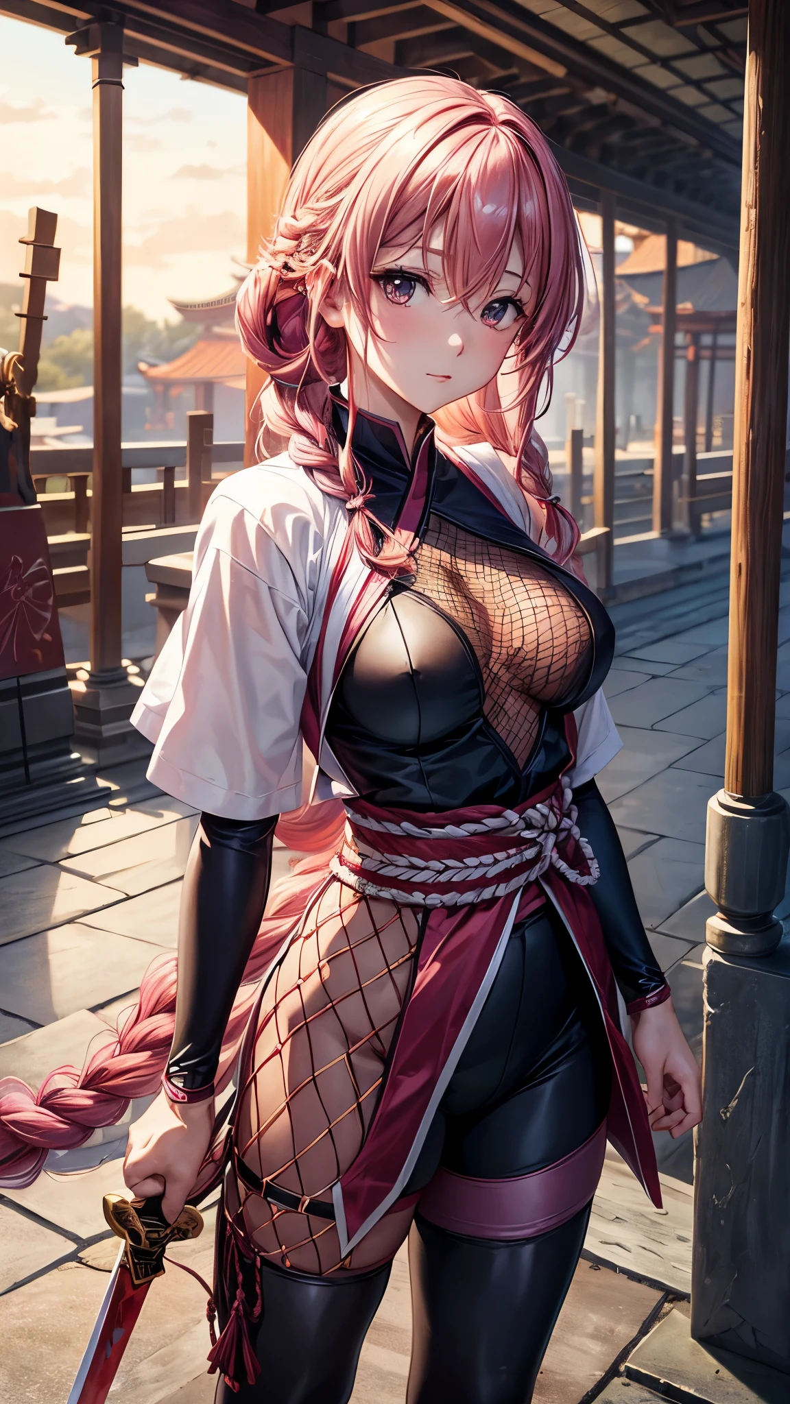 (highest quality)), ((masterpiece)), (Familiar), Perfect Face,Shiny skin,Beautiful breasts,how,Shiny skin、Kyoto Animation style painting、、Dark pink hair、Sunburned skin、Braided Hair、night、bike、Holding a Japanese sword、ruins、Combat Stance、Miko costume、Fishnet tights