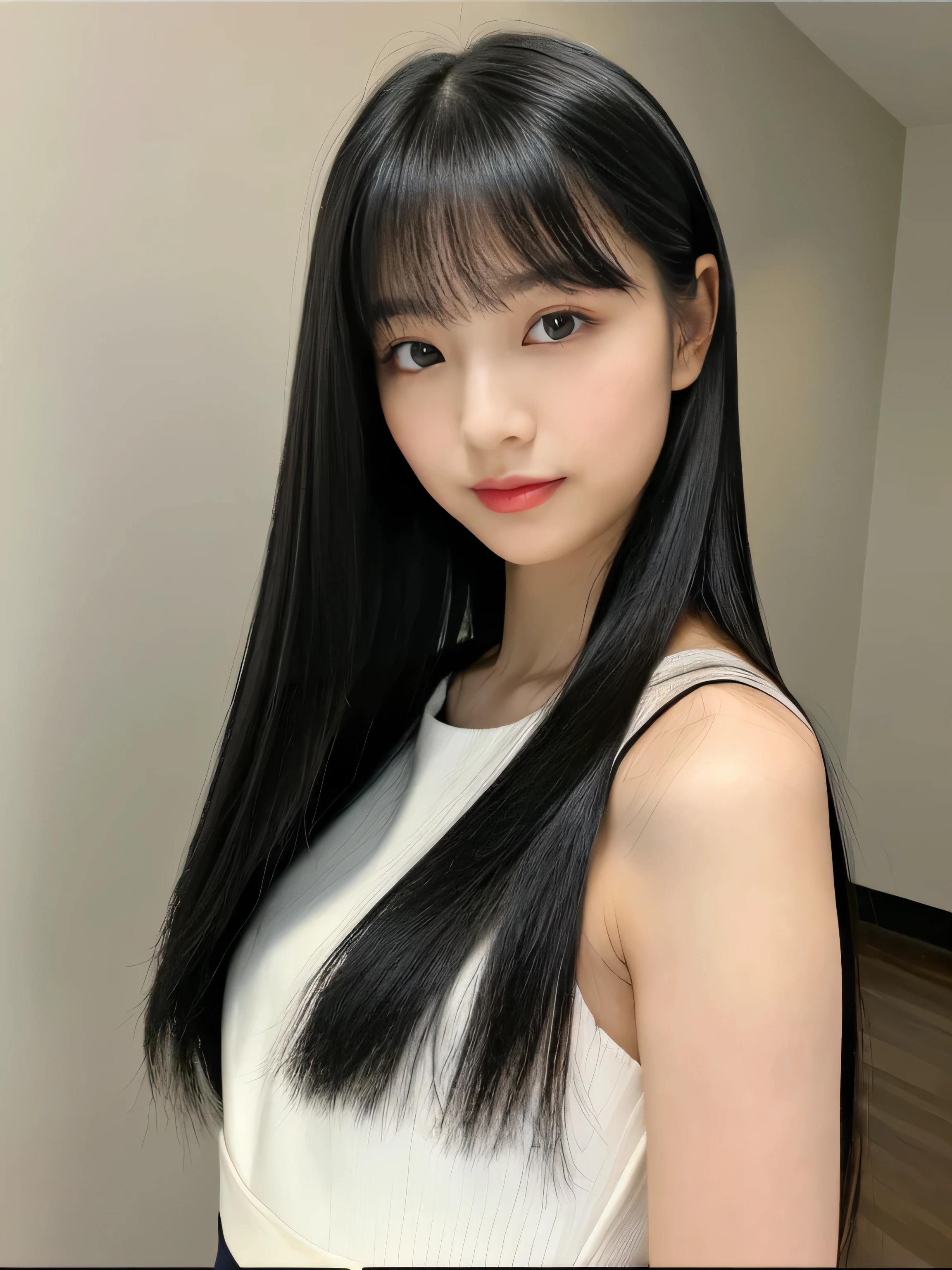 ((A 12-year-old Japanese model with long, high-quality black hair standing in front of a mirror, Her highest quality hair is long and straight., Very long, highest quality black hair, Long hair in the center, Highest quality long straight hair, Long, straight, beautiful, high quality hair, Long and free black highest quality straight hair, Long Hair, Long and straight, highest quality black hair, Perfect silky straight hair of the highest quality, Straight, highest quality black hair, Long black straight hair, Long, thin black hair Japanese high school girl with long black hair standing in front of a mirror Her hair is long and straight, Very long black hair, Long hair in the center, Long straight hair, Long, straight, beautiful hair of the highest quality, Long Hair, Long, straight black hair, Long and free straight black hair, Straight black hair)) ((highest quality)) ((masterpiece)), (Familiar) (Get used to it) (She has a perfect face and beautiful hair.) (Her skin is a typical Japanese skin color.........、Very detailed) (Full Shot:1.2) She is wearing a white dress (She has a beautiful face and a slim figure..) (Her bangs are neatly trimmed、It is straight.) (She has perfect beautiful makeup and face Lipstick is light red) ((Rich 1.4)) (Extremely detailed 8K) (Ultra-fine skin texture 1.4) (Actual, Vibrant:1.4), double eyelid Sharp focus:1.2、Beautiful woman:1.4 Dynamic Lighting (Genuine RAW photos taken by professional photographers) (Her long bangs、Well Organized) (Turn your whole body to the viewer) (She poses to show as much hair as possible to the viewer.:1.3) (Pose to make your hair look as wide as possible) (Pose to make your hair look as wide as possible) (Pose to make your hair look as wide as possible) (Standing pose with back to viewer) (Full Shot:1.2) (Full Shot:1.2) (Full Shot:1.2) (Pure white wall background:1.8. Photo of upper body from waist up) (The most beautiful 12-year-old junior high school student in Japan) (She looks at the viewer with a very seductive expression.....)