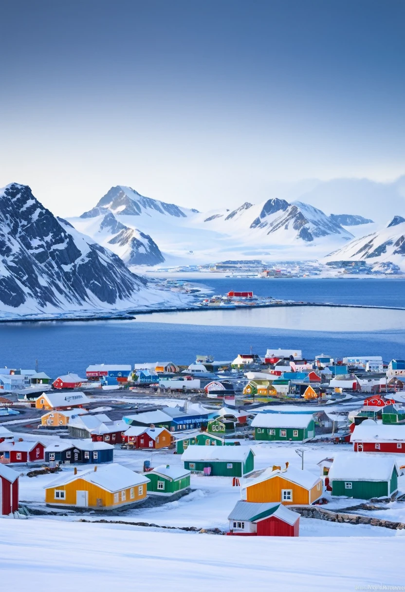 mountain in the background with a small town in the foreground, inuit heritage, snowy arctic environment, inuk, inuit, city of pristine colors, breathtaking look, by Elias Ravanetti, scandinavian, antarctica, by Werner Andermatt, norway mountains, cool looking, by Petr Brandl, by Karl Völker, winter