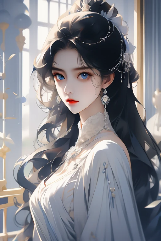 black haired woman, blue eyes, white victorian dress, white skin, elegant, royalty, young woman, alone, mature, beautiful