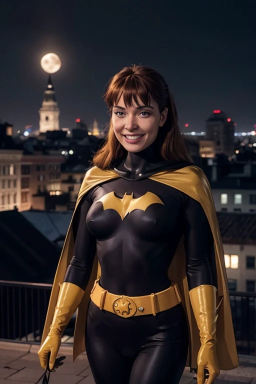 babs, red hair, blue eyes, black bodysuit, belt, cape, gloves, looking at viewer, smiling, happy,
outside, apartment roof, cityscape, night, moon, extreme detail, hdr, beautiful quality, Breast Grabing Pose