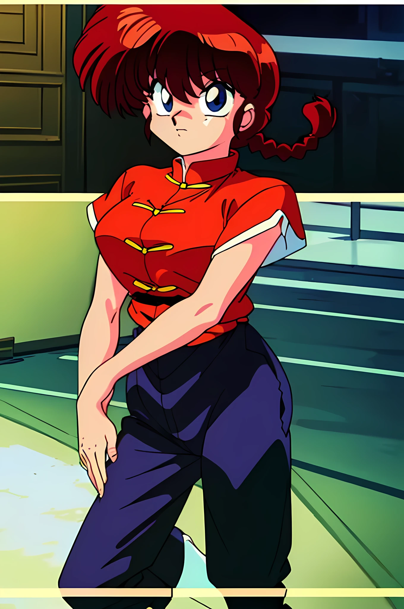 (masterpiece:1.3),(highest quality:1.4),(ultra detailed:1.5),High resolution,extremely detailed,unity 8k wallpaper,Official Art,Perfect Anatomy,(Anime screenshots:1.11),(90s Anime,90s Anime style,cell shaded anime:1.17),((solo:1.52)), 1990s \(style\),retro artstyle,((RanmaChan:1.52)),Chinese clothing,ranma red shirt,black pants,martial arts