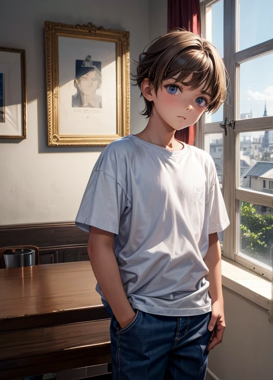 A 10 year old boy with very light brown hair, ojos azules piel blanca, rasgos finos europeos, con ropa casual, en la sala de su casa mirada triste, melancholic features, tristeza en el rostro.