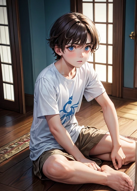 A 10 year old boy with very light brown hair, ojos azules piel blanca, rasgos finos europeos, con ropa casual, en la sala de su casa mirada triste, melancholic features, tristeza en el rostro.