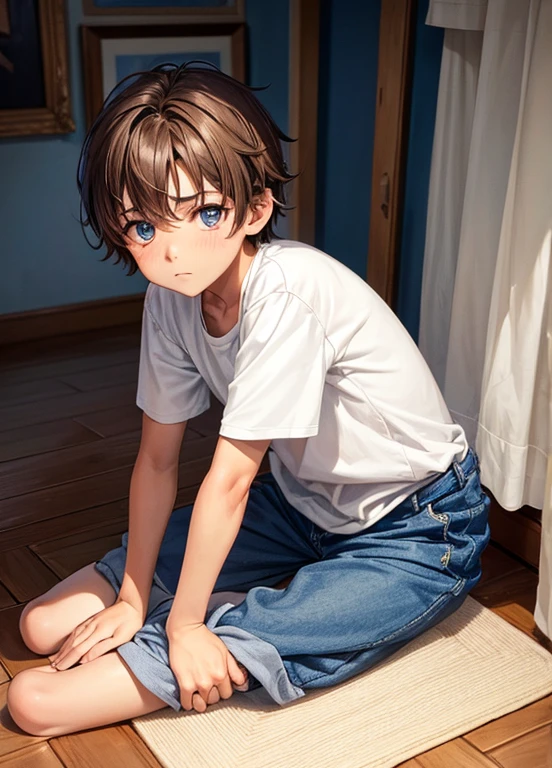 A 10 year old boy with very light brown hair, ojos azules piel blanca, rasgos finos europeos, con ropa casual, en la sala de su casa mirada triste, melancholic features, tristeza en el rostro.