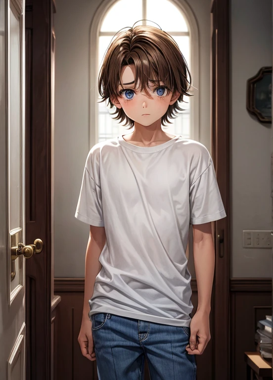 A 10 year old boy with very light brown hair, ojos azules piel blanca, rasgos finos europeos, con ropa casual, en la sala de su casa mirada triste, melancholic features, tristeza en el rostro.