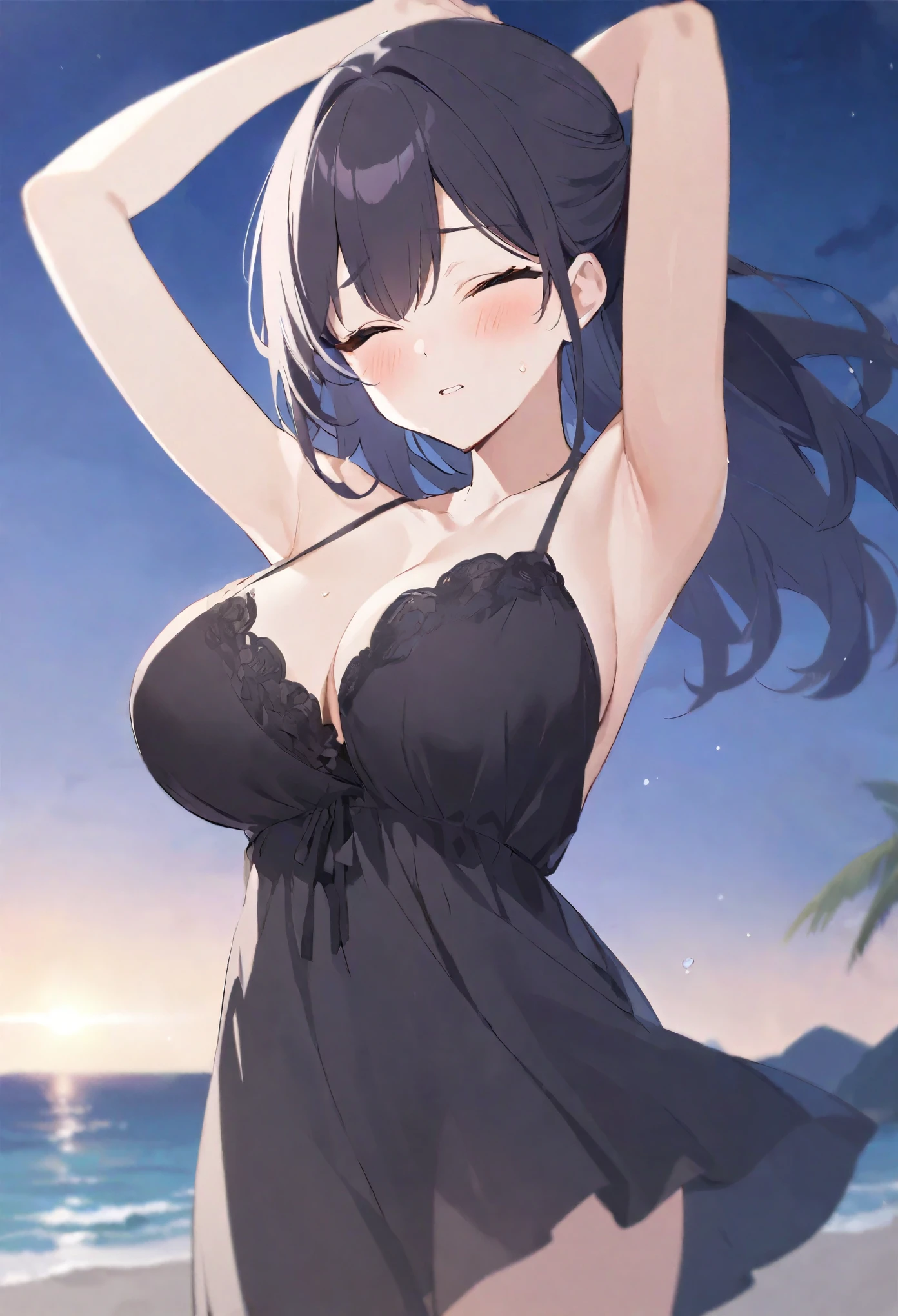 big breasts, wearing black night gown, armpits, blushing, cowboy shot, on the beach, relax pose