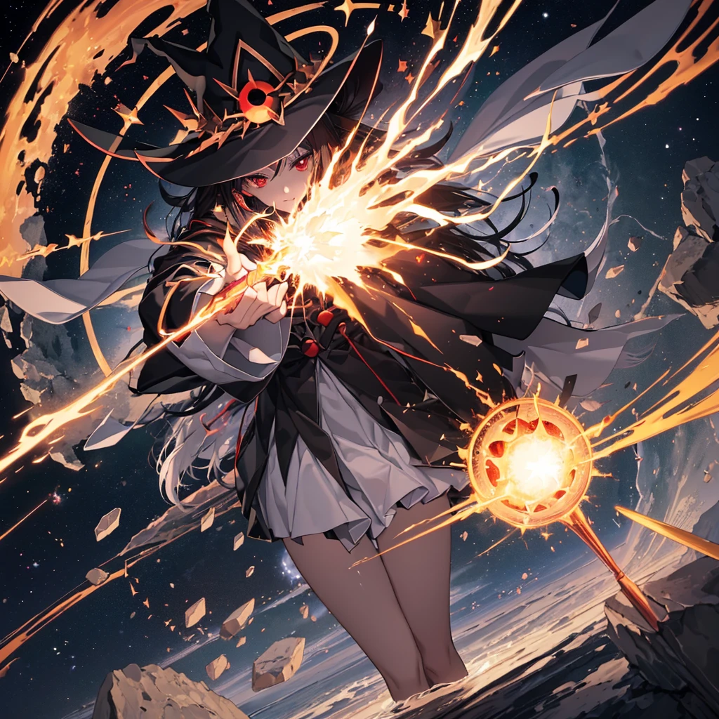 ((Black Hair magic circle Witch Hat Red eyes)) ((explosion Explosion Cane starのペンダント fire beam)) (Magic Robe shine star Streaks of Light Black Hole) moon 彗star incantation Runes