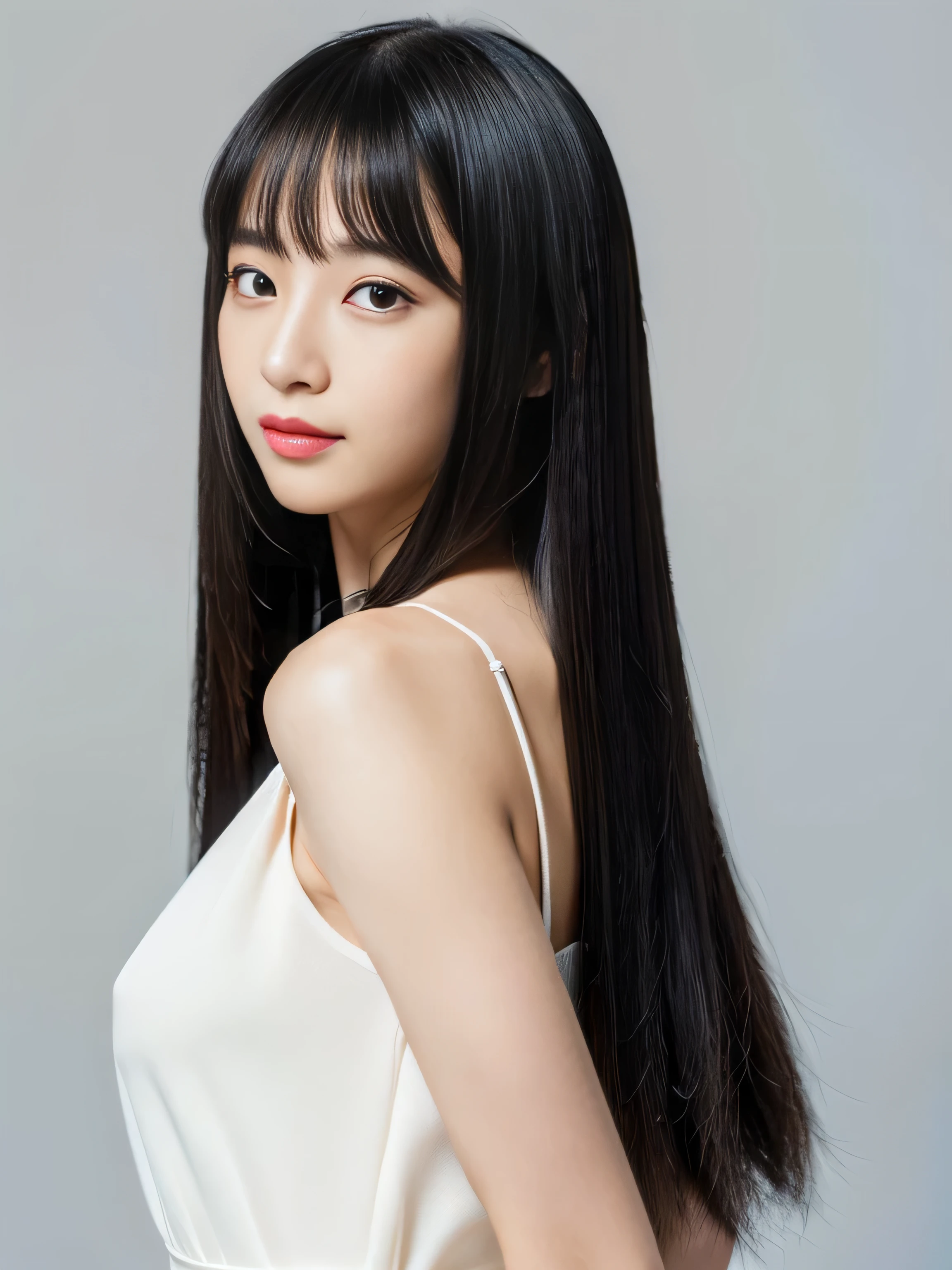 ((Long highest quality black hair Japanese 12 year old hair model, Her highest quality hair is long and straight., Very long, highest quality black hair, Long hair in the center, Highest quality long straight hair, Long, straight, beautiful, high quality hair, Long and free black highest quality straight hair, Long Hair, Long and straight, highest quality black hair, Perfect silky straight hair of the highest quality, Straight, highest quality black hair, Long black straight hair, Long, thin black hair　Japanese high school girl with long black hair standing in front of a mirror　Her hair is long and straight, Very long black hair, Long hair in the center, Long straight hair, Long, straight, beautiful hair of the highest quality, Long Hair, Long, straight black hair, Long and free straight black hair, Straight black hair))　((highest quality))　((masterpiece)), (Familiar)　(Get used to it)　(She has a perfect face and beautiful hair.)　(Her skin is a typical Japanese skin color.........、Very detailed)　(Full Shot:1.2)　　She is wearing a white dress　(She has a beautiful face and a slim figure..)　(Her bangs are neatly trimmed、It is straight.)　(She has perfect beautiful makeup and face　Lipstick is light red)　((Rich 1.4))　(Extremely detailed 8K)　(Ultra-fine skin texture 1.4)　(Actual, Vibrant:1.4), double eyelid　Sharp focus:1.2、Beautiful woman:1.4　Dynamic Lighting　(Genuine RAW photos taken by professional photographers)　　(Her long bangs、Well Organized)　(Turn your whole body to the viewer)　(She poses to show as much hair as possible to the viewer.:1.3)　(Shooting to make the hair look as wide as possible)　(Shooting to make the hair look as wide as possible)　(Shooting to make the hair look as wide as possible)　(Standing pose with back to viewer)　(Full Shot:1.2)　(Full Shot:1.2)　(Full Shot:1.2)　(Pure white wall background:1.8. Photo of upper body from waist up)　(The most beautiful 12-year-old junior high school student in Japan)　(She looks at the viewer with a very seductive expression.....)