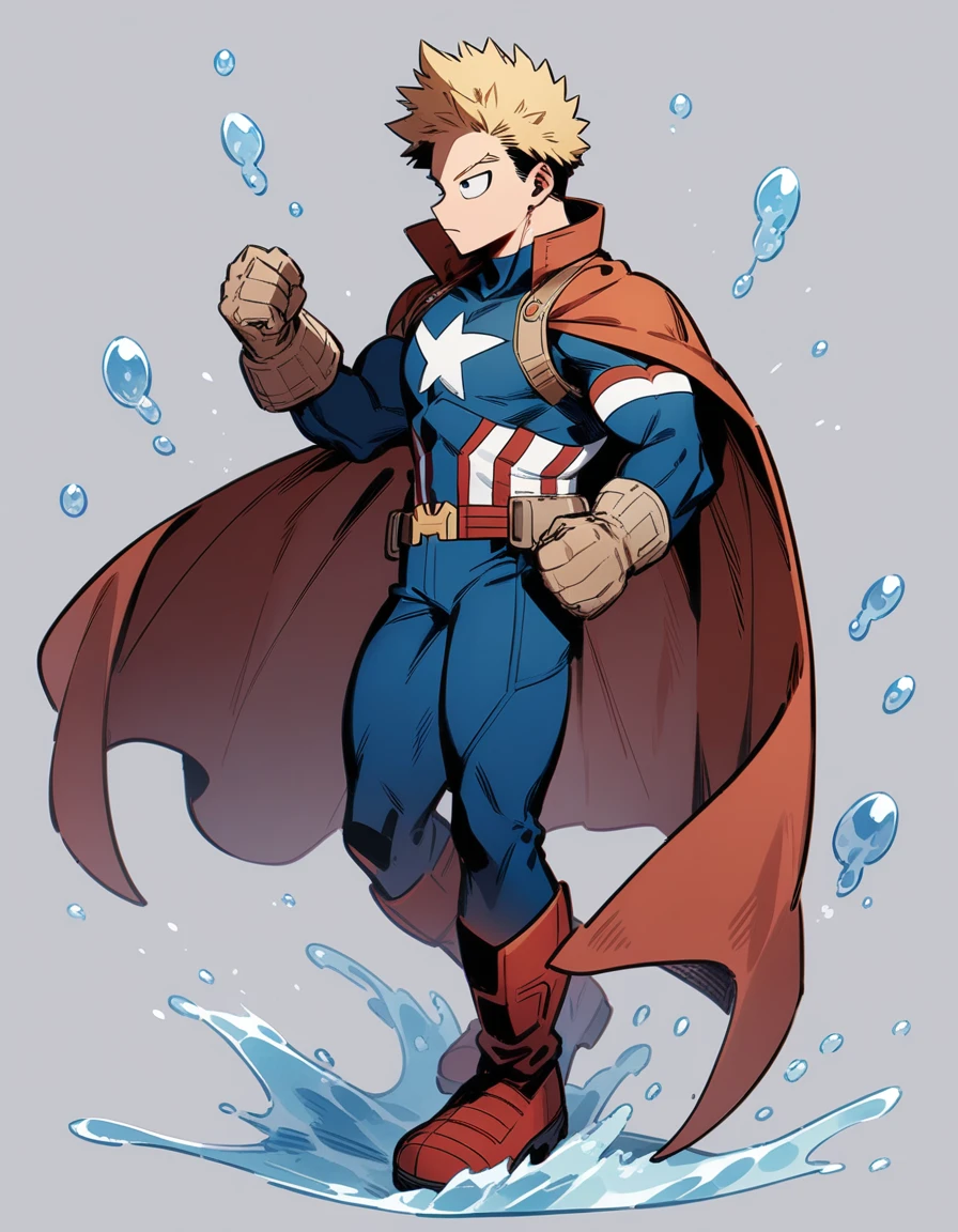 One boy, male focus, brown and blond hair, boku no hero academia, masterpiece, best quality, very aesthetic, water quirk, captain America suit, cape, full body illustration.