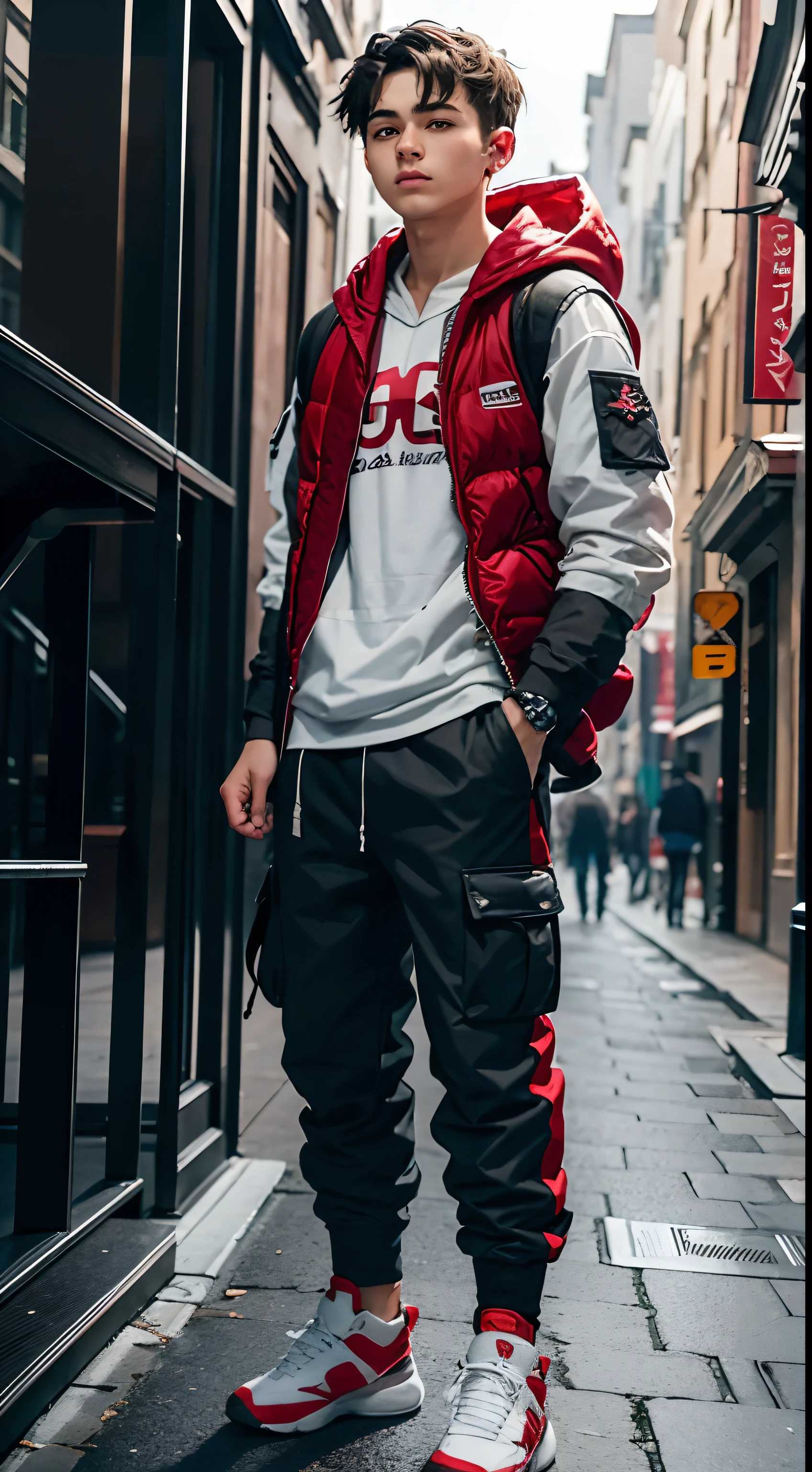 a male european young teen, black and red details puffy vest without sleeves, a white hoodie underneath, grey cargo pants, white sport shoes, standing, anime style