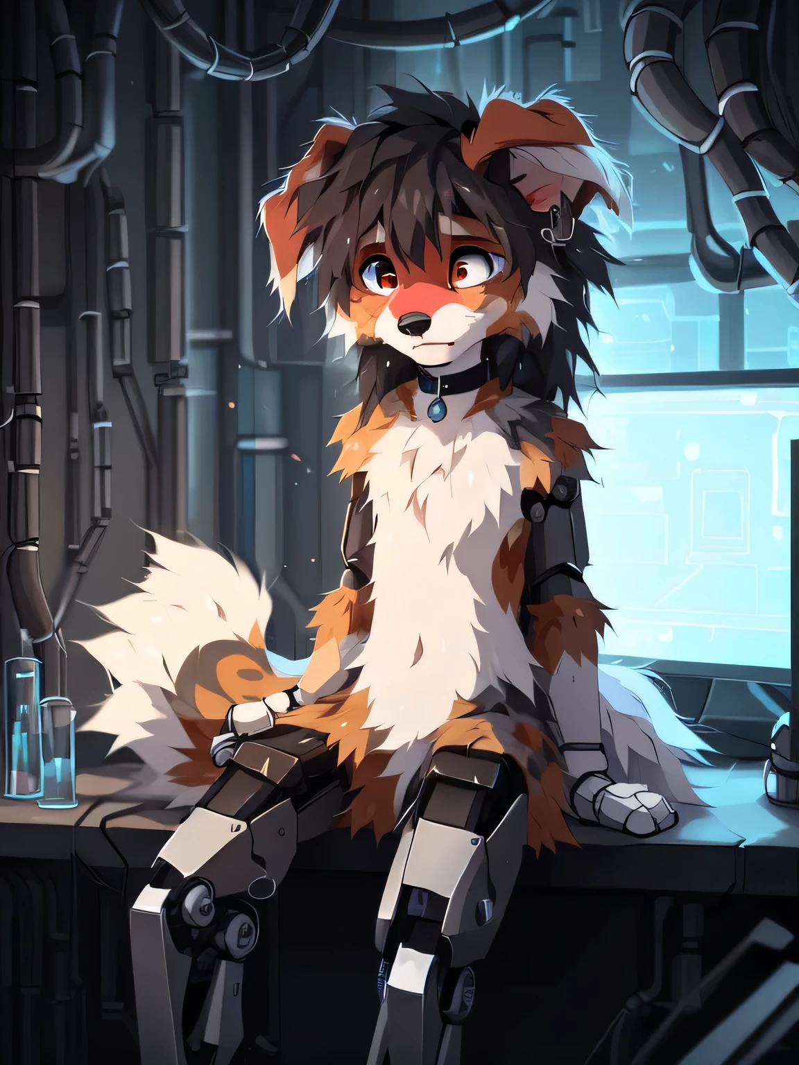 (8k, laboratory,) (((by Reysi))), fine-haired, long-haired, alone, ((Australian Shepherd)), white-haired, short-haired, ((teenager)), ( (male)), ((thin)), (sad eyes, red face, frightened, trembling, trembling lines of movement, folded one ear, earring, choker, bandage)(plug body), (front view, erotic,sitting on table), ((cybernetic legs,cybernetic arms,cybernetic pelvis,short fluffy tail)),nude,