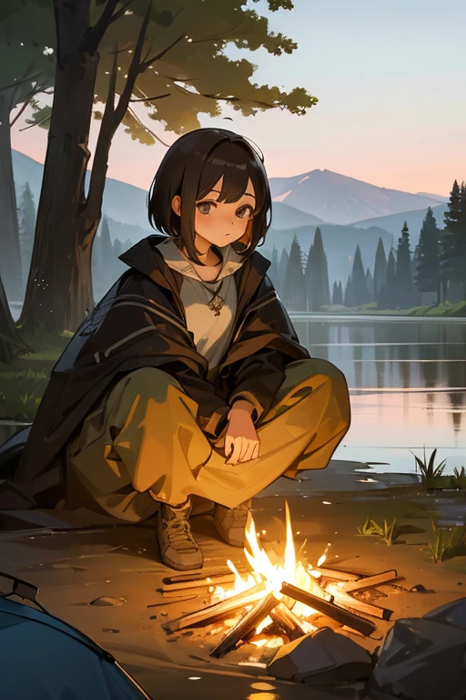 (A__girl)++,light_brown_short_bob_hair_girl,girl camping on the riverbank ,pitch a tent ,Boil water over a bonfire,best_quality,masterpiece,ultra_detailed,