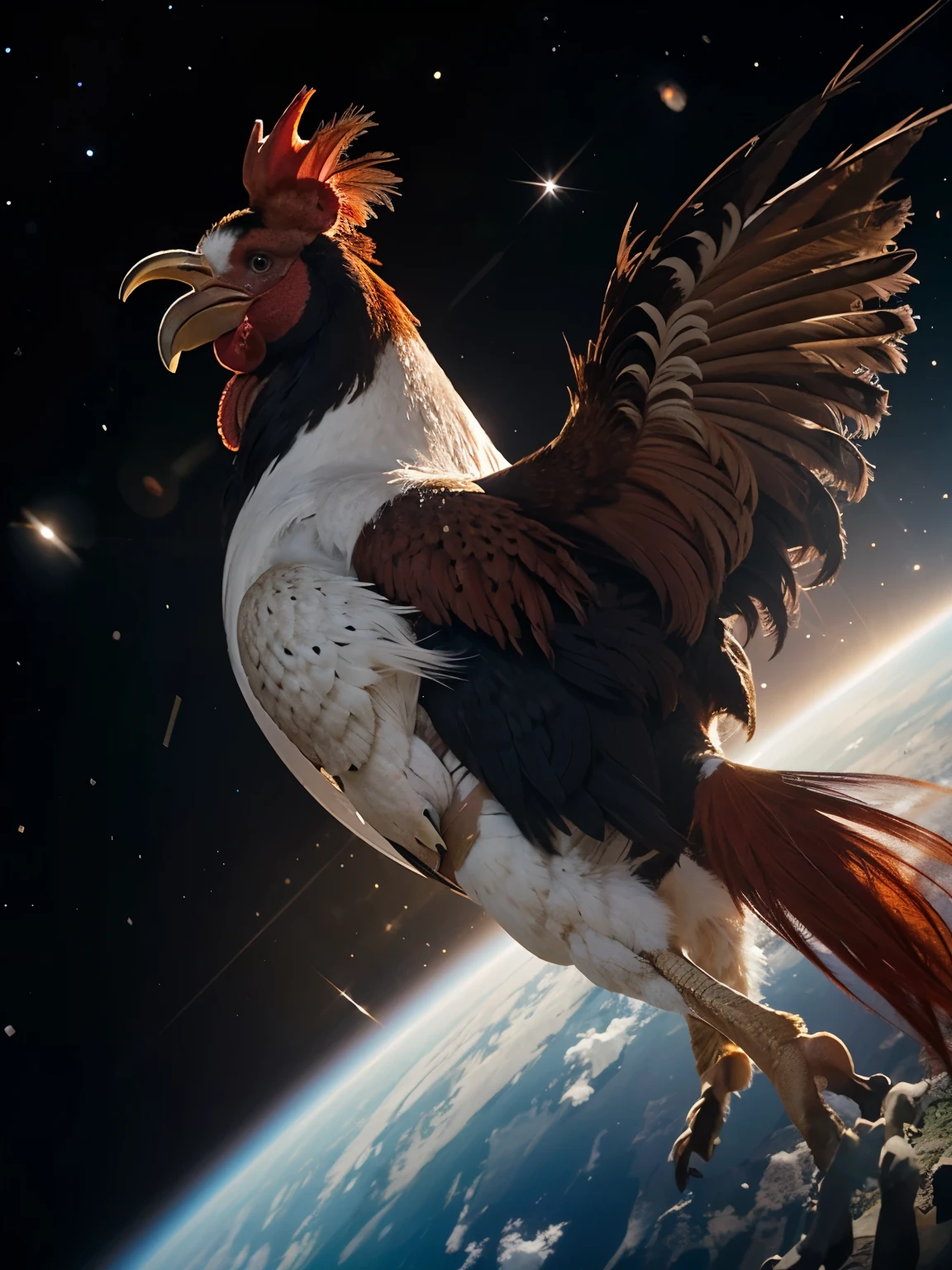 A beautiful rooster with a tail moving into space
