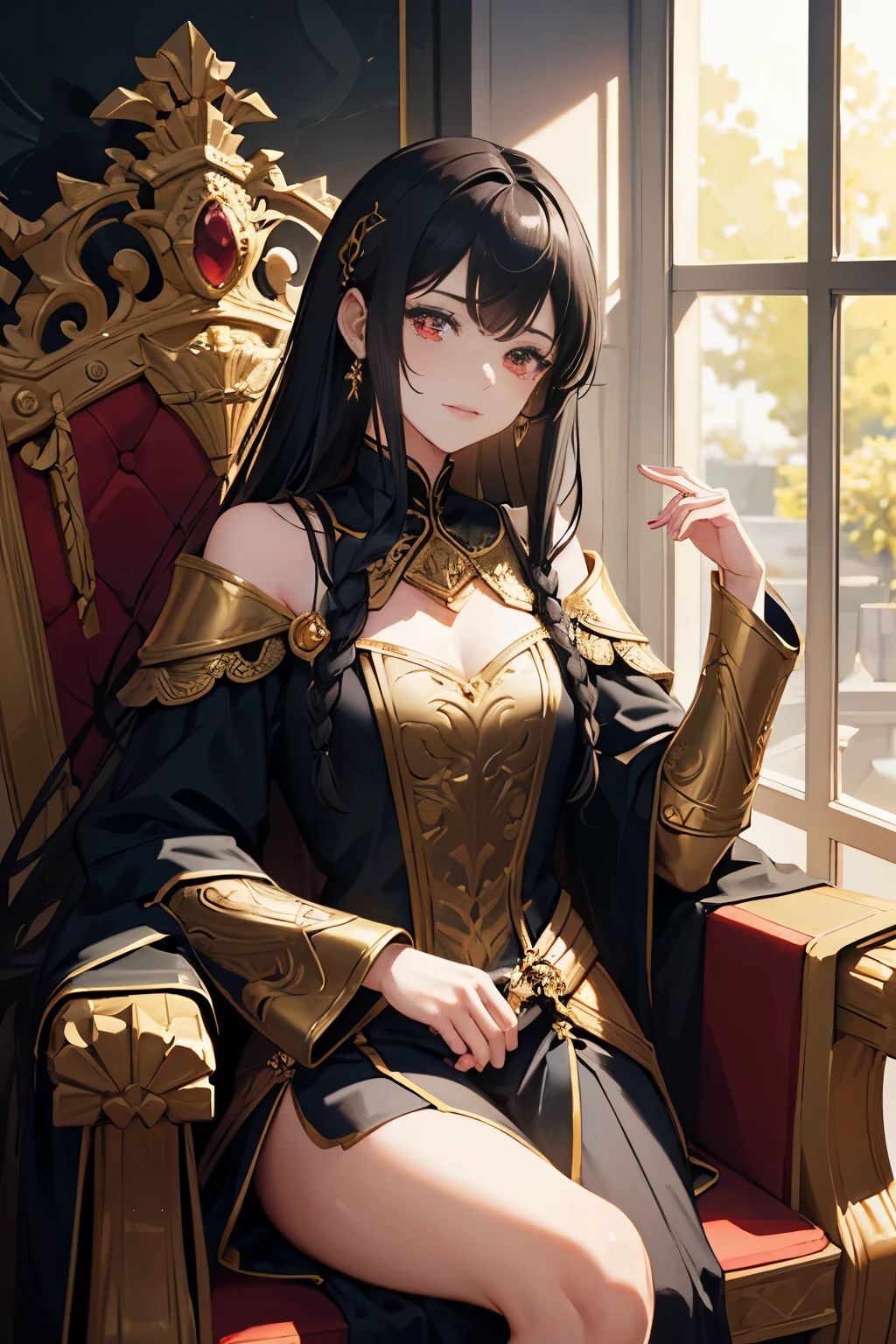 A girl with red eyes and long curly black hair, Maria Ribeira, is sitting on a throne. She has a mischievous grin on her face. In her hands, she holds a small axe with both hands. The throne is made of gold and has intricate carvings. Behind the girl, there is a large wall adorned with beautiful paintings.

The wall showcases various pieces of art, reflecting different styles and themes. The paintings capture the essence of different worlds and emotions, adding depth and complexity to the scene. The colors are vibrant and the details are meticulously painted.

Maria is dressed in a fitting gold armor, which adds to her regal appearance. The armor is intricately designed, with intricate patterns and engravings. The golden hue of the armor, along with the rich textures, creates a sense of power and strength.

The lighting in the scene is dramatic, with rays of light streaming in from a nearby window. The light highlights the girl's features, casting unique shadows on her face and the surroundings. The contrast between light and shadow adds depth and dimension to the image.

Overall, the image is of the highest quality, with ultra-detailed features, realistic rendering, and vivid colors. It captures the essence of an anime girl, Maria Ribeira, sitting confidently on her throne, surrounded by art and power.