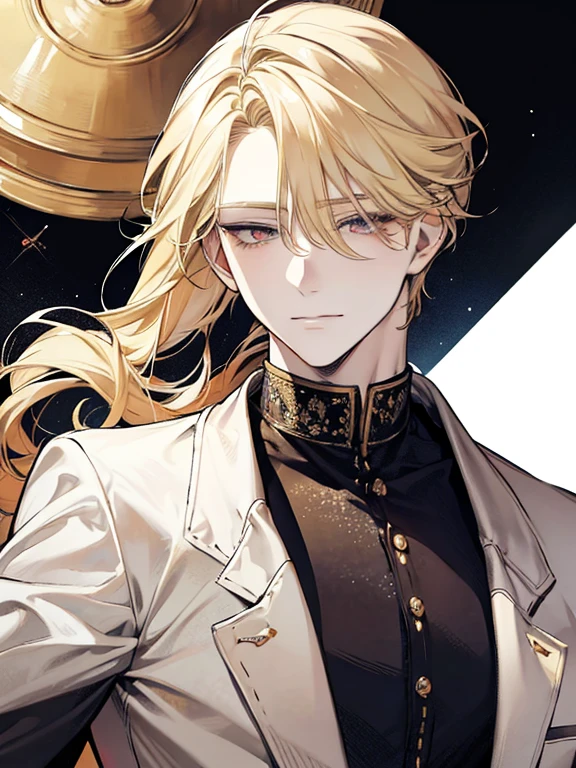 Solo, anime drawing of a man with blonde hair and red eyes, clean anime outlines, praying posture, side part bangs, medium hair length, anime portrait of a handsome man, male anime style, smirk facial