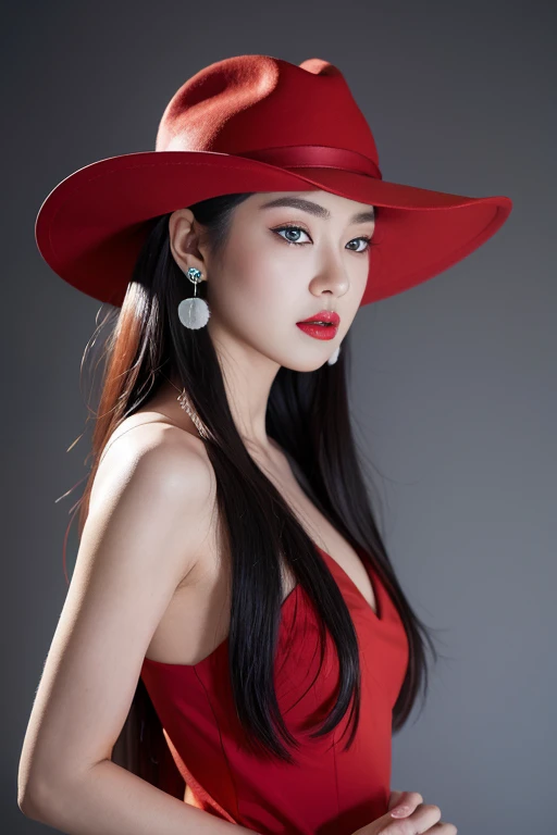 tsuruta ichiro, Narrow-eyed, 1girl in, Allback、Solo, Cowgirl, hat, red headwear、Red dress,  ((mideum breasts)),  (Super long hair:1.2), Thin slit eyes、blue grey eyes, Random colored hair, gloves, Dress,  Jewelry, Upper body, earrings, sharp eye、Red Glove, elbow groves, Hand up, random color, random color dress, From Side, makeup, Slender eyes、lip stick, Complex petal pattern, Rim Light, Back Light, pastel color,