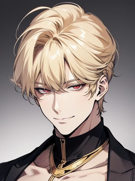 Solo, anime drawing of a man with blonde hair and red eyes, clean anime outlines, praying posture, side part bangs, medium hair length, anime portrait of a handsome man, male anime style, smirk facial