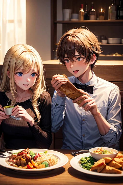 A brunette boy and a blonde girl happily eating dinner