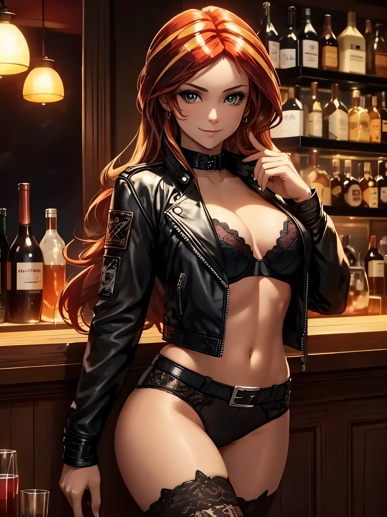 sunset shimmer, black bra, black panties, leather jacket, in a bar, seductive smile, leaning against bar, dimly lit ambiance, neon lights, sultry atmosphere, cigarette smoke, cocktail in hand, deep red lipstick, tousled hair, confident pose, provocative gaze, mysterious aura, vibrant colors, dramatic shadows, artistic portrayal, high resolution, fine details, photorealistic style