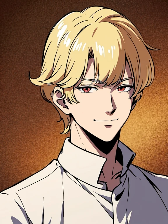 Solo, anime drawing of a man with blonde hair and red eyes, clean anime outlines, praying posture, side part bangs, medium hair length, anime portrait of a handsome man, male anime style, smirk facial