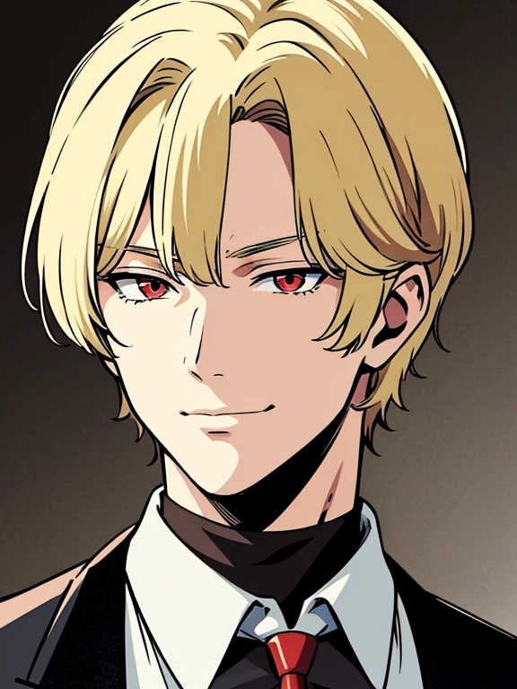 Solo, anime drawing of a man with blonde hair and red eyes, clean anime outlines, praying posture, side part bangs, medium hair length, anime portrait of a handsome man, male anime style, smirk facial